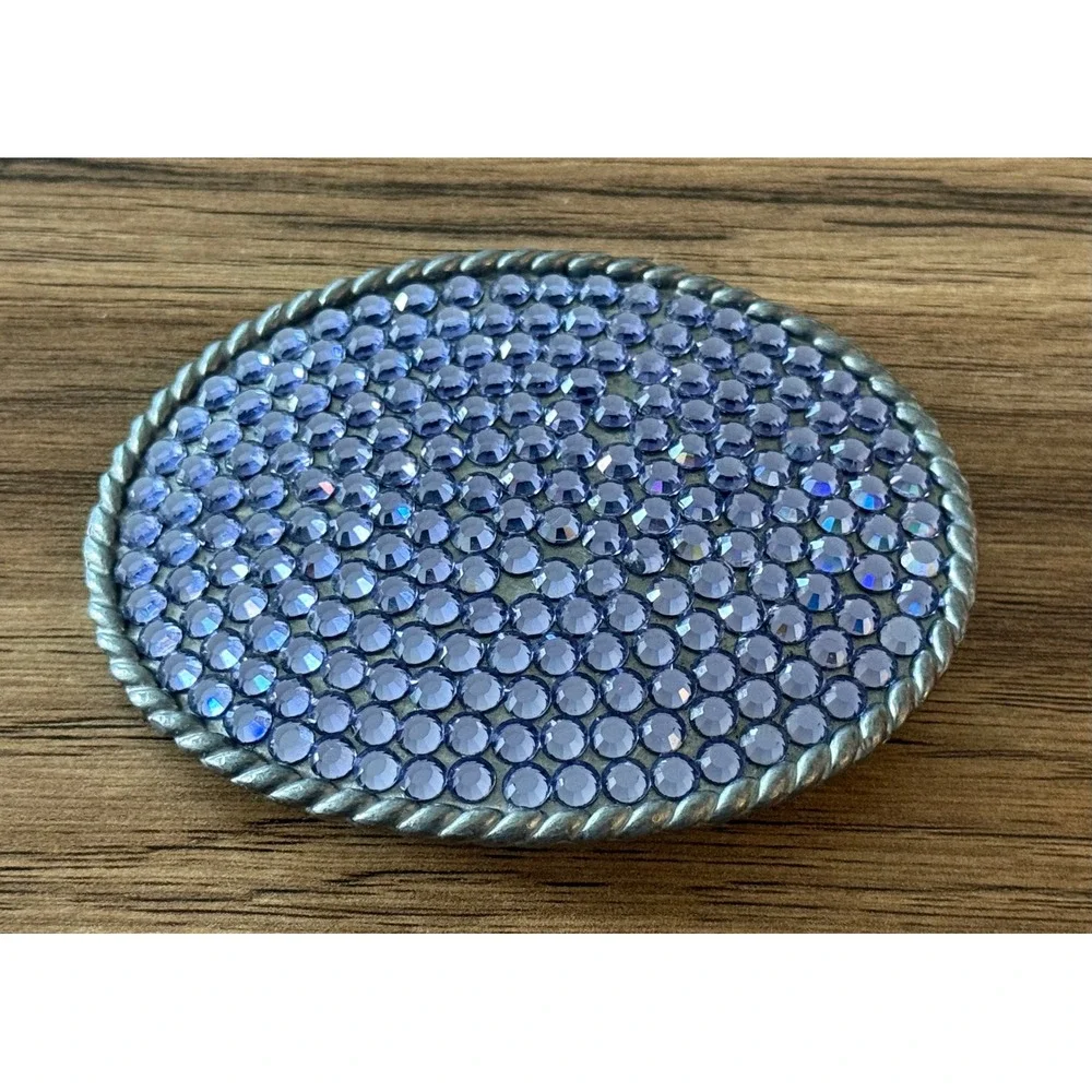 Vintage Blue Purple Rhinestone Belt Buckle Signed Unknown Maker Made USA Western